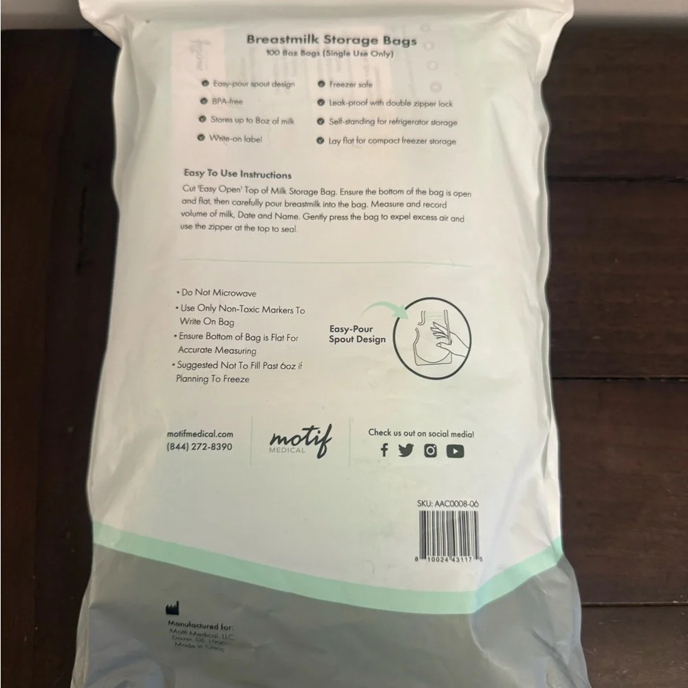 Motif Medical Breastmilk Storage Bags 100 Count 8oz BPA Free Sealed Leak Proof